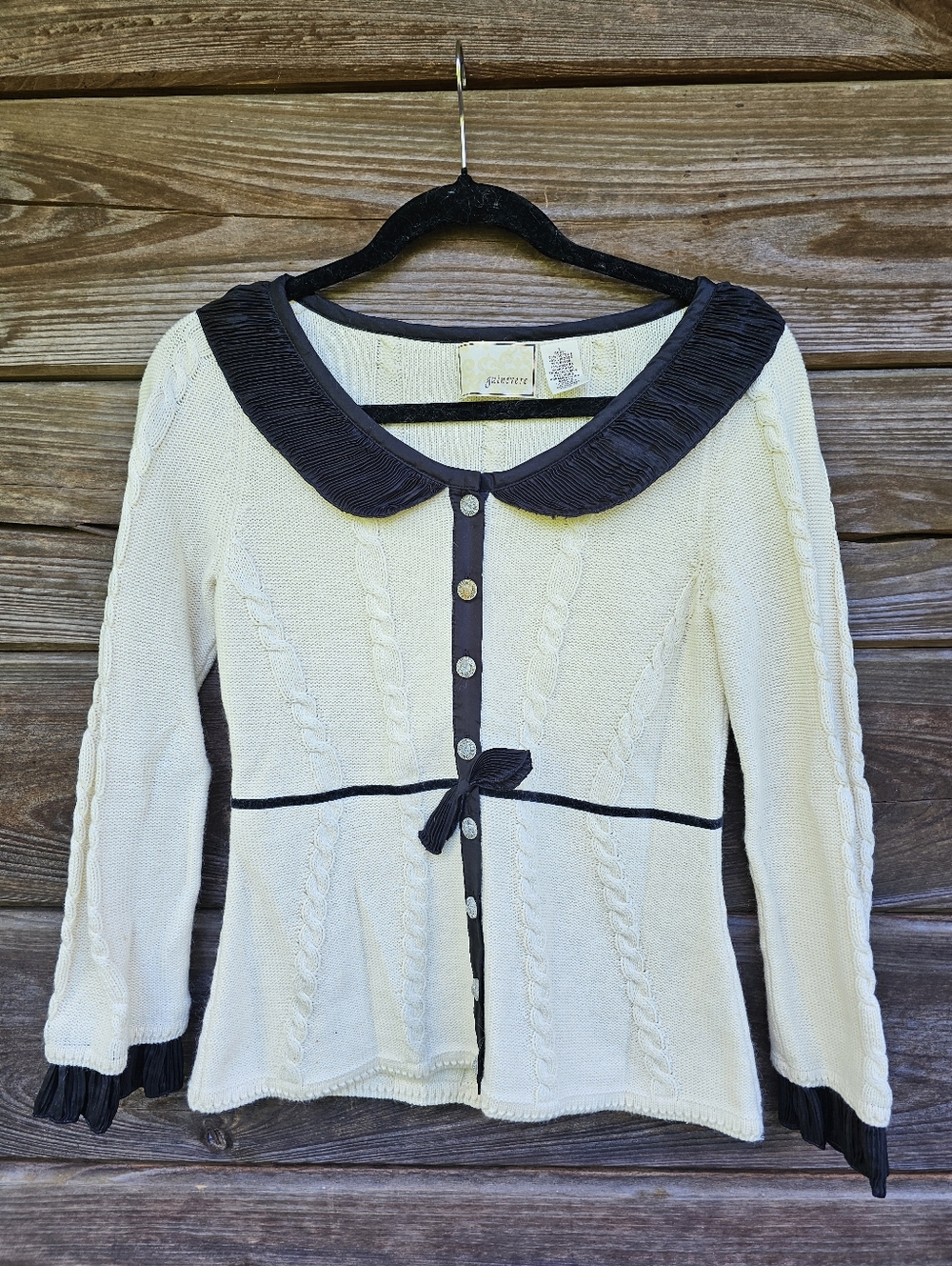 Guinevere Anthropologie Cream Cable Knit Cardigan w/ Silk Trim Peter Pan Collar
